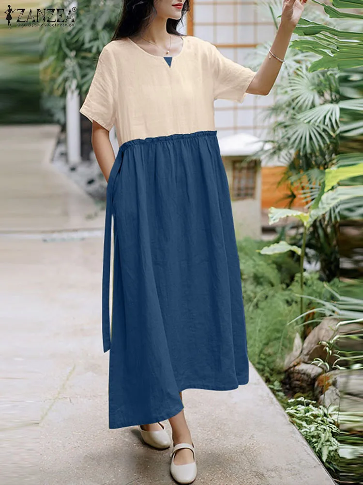 ZANZEA Women Vintage Dress Holiday Color Blocking Robes Cotton Summer Vestidos Short Sleeve Casual Belted Round Neck Midi Dress
ZANZEA Women Vintage Dress Holiday Color Blocking Robes Cotton Summer Vestidos Short Sleeve Casual Belted Round Neck Midi Dress