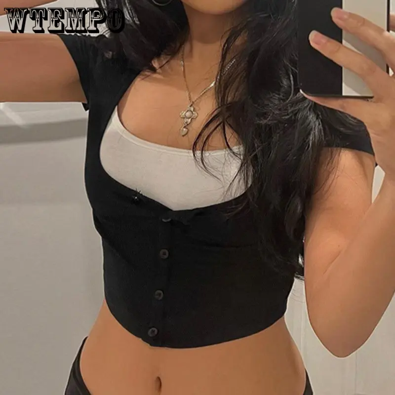 Women's Sexy Crop T-shirt Top European and American New Clothing Stitching Color Contrast Patchwork Slim Breasted Short Sleeve
Women's Sexy Crop T-shirt Top European and American New Clothing Stitching Color Contrast Patchwork Slim Breasted Short Sleeve