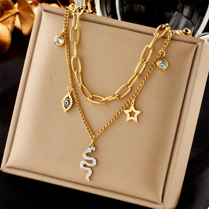 

316L Stainless Steel Eye Star Snake Pendant Necklace For Women Fashion Girls 2in1 Clavicle Chains Jewelry Party Gifts Wholesale