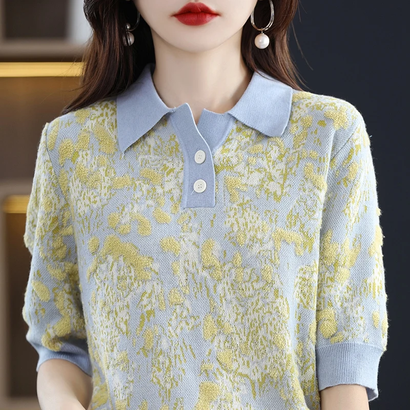 Summer 2023 New Korean Women's 100% Pure Wool Polo Collar Short Sleeve Retro Routine Pullover Fashion Women's T-shirt
Summer 2023 New Korean Women's 100% Pure Wool Polo Collar Short Sleeve Retro Routine Pullover Fashion Women's T-shirt