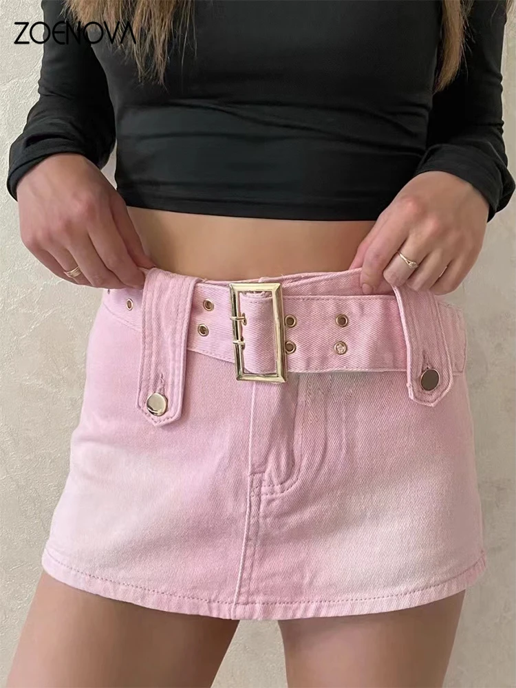 

ZOENOVA Y2K Jean Skirt Aesthetics Basic Belted Low Waist Micro 2022 Fashion Sexy Pockets Pink Denim Skirt Cute Bottoms Clubwear