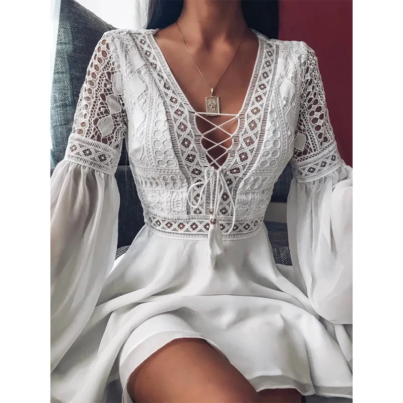 Women Lace White Dress Short Length Mini Dress Black Red Long Sleeve Ruffle Patchwork Chiffon Sexy Bandage V Neck Female Dresses 
Women Lace White Dress Short Length Mini Dress Black Red Long Sleeve Ruffle Patchwork Chiffon Sexy Bandage V Neck Female Dresses