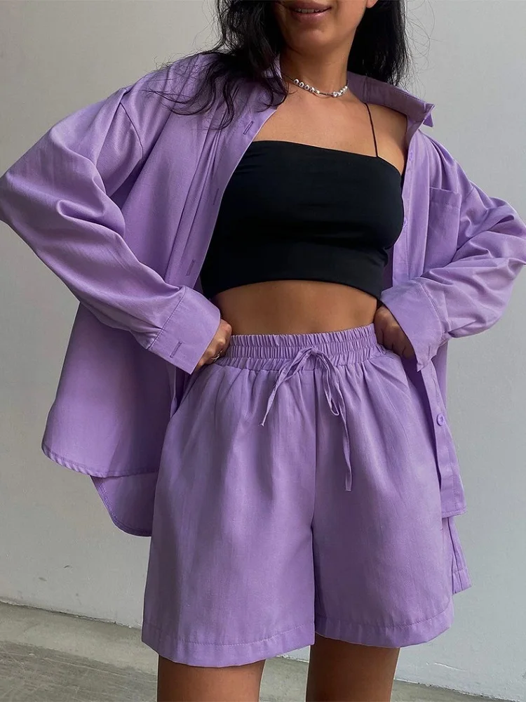 Casual Loungewear Matching Set 2022 Summer Suits Cotton Women Tracksuit Long Sleeve Oversized Shirt Tops Mini Shorts 2 Piece Set
Casual Loungewear Matching Set 2022 Summer Suits Cotton Women Tracksuit Long Sleeve Oversized Shirt Tops Mini Shorts 2 Piece Set