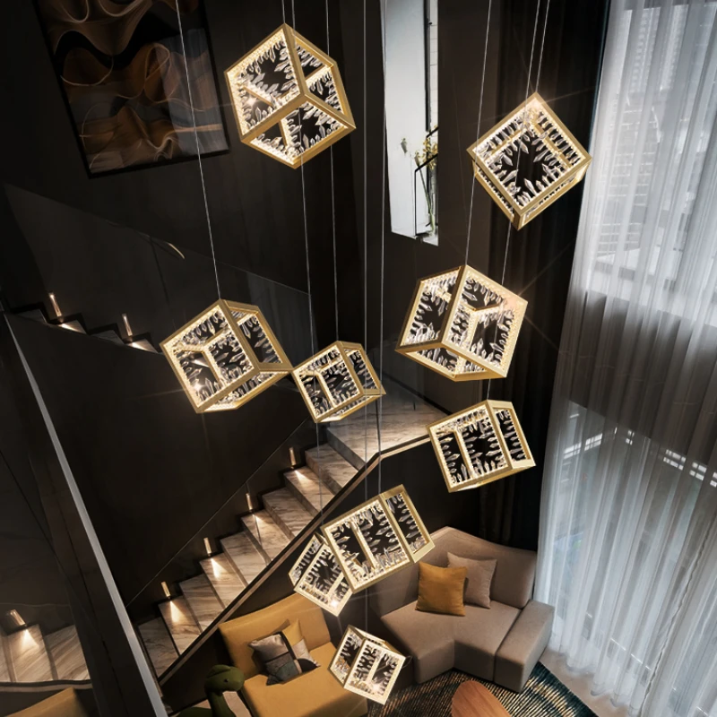 

New Crystal Glass Rubik'S Cube Revolving Living Room Stair Chandelier Restaurant Shop Exhibition Hall Duplex Villa Long Lights