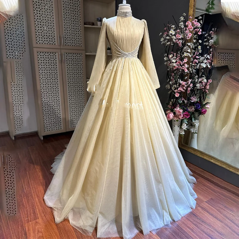 

Stunning Beaded Sequined High Neck Full Sleeve Arab Evening Dresses Formal Party Grown Wedding Prom dress 2023 Custom Made