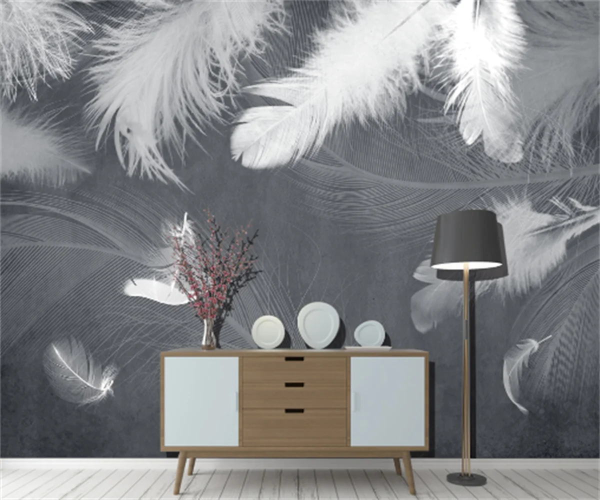 

Professional custom any size self-adhesive 3D mural wallpaper gray tone HD feather Nordic style bedroom background wall sticker