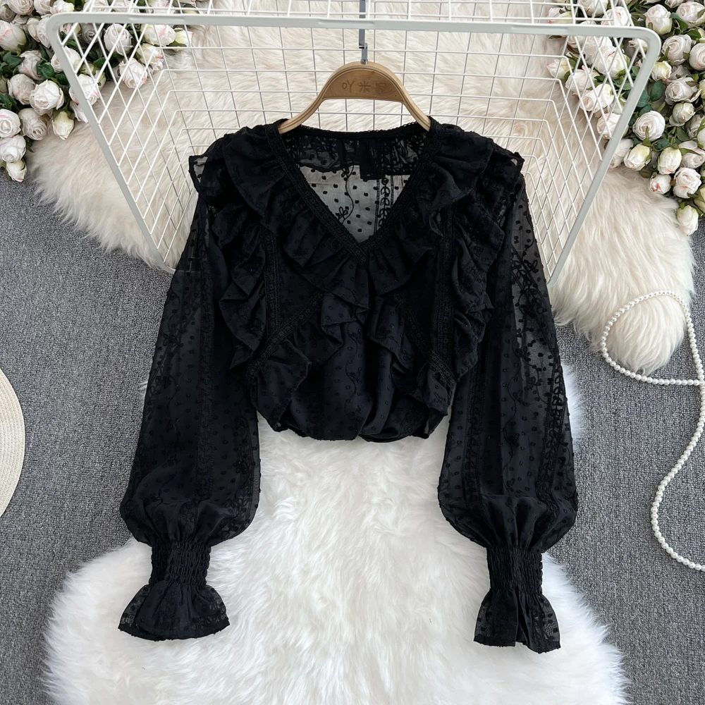 Sweet V Neck Ruffle Loose Chiffon Shirt Korean Chic Pleated Black Long Sleeve Lace Top Female Vintage Clothes Ropa De Mujer
Sweet V Neck Ruffle Loose Chiffon Shirt Korean Chic Pleated Black Long Sleeve Lace Top Female Vintage Clothes Ropa De Mujer