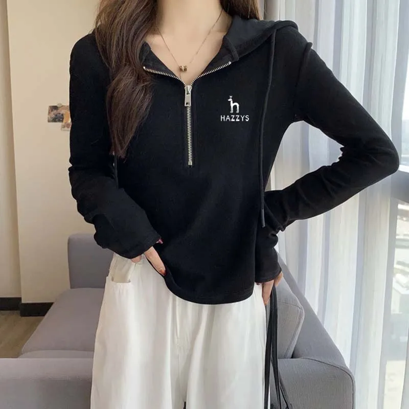 

HAZZYS Women For Wear Slim Fit Hoodie Sweater Pullover Lapel Zipper Long Sleeve Female Spring Chic Tops For Golf Casual Solid