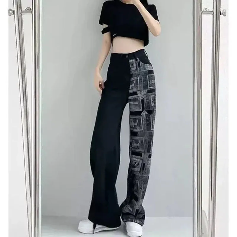 MEXZT Women High Waist Spliced Pattern Jeans Fashion High Street Design Sense Wide Leg Straight Trousers Baggy Denim Pants
MEXZT Women High Waist Spliced Pattern Jeans Fashion High Street Design Sense Wide Leg Straight Trousers Baggy Denim Pants