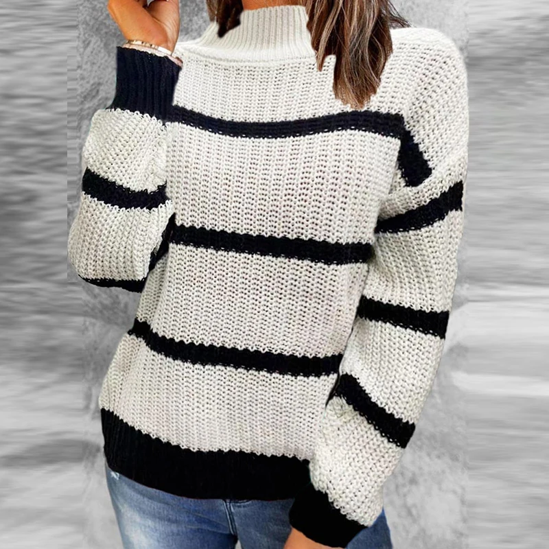 Женский вязаный свитер в полоску, повседневный пуловер с длинным рукавом и высоким воротником, Осень-зима 
Женский вязаный свитер в полоску, повседневный пуловер с длинным рукавом и высоким воротником, Осень-зима