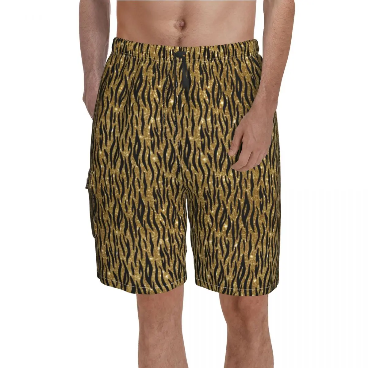 

Glitter Tiger Skin Board Shorts Hot Sale Black Gold Stripes Print Custom Beach Shorts Men Elastic Waist Pattern Swimming Trunks