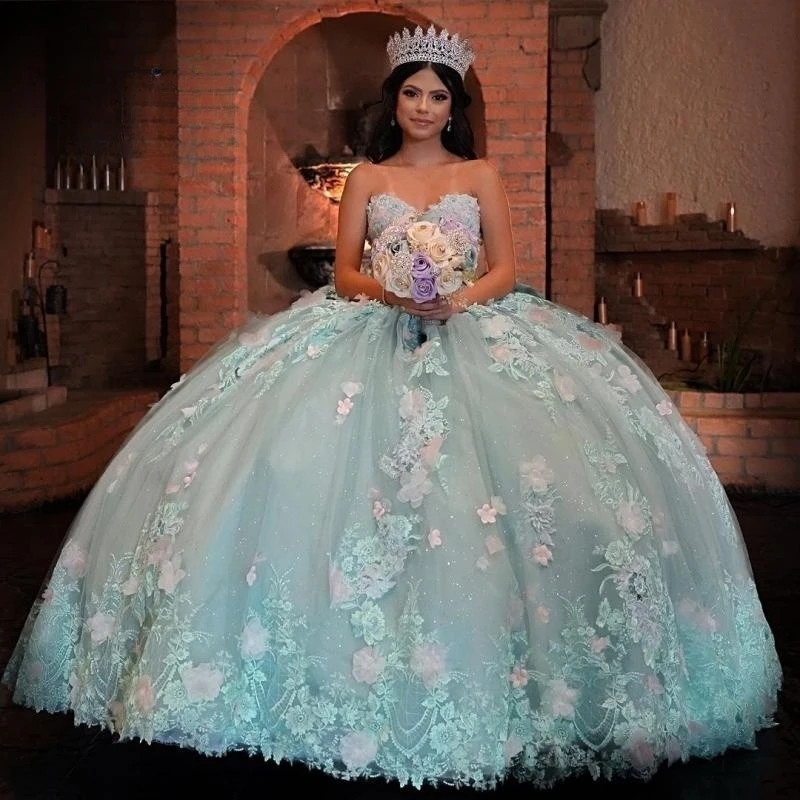 

Роскошное зеленое платье принцессы Quinceanera милое блестящее платье с открытыми плечами с 3 цветами и аппликацией из стразов для выпускного вечера Vestidos De 15