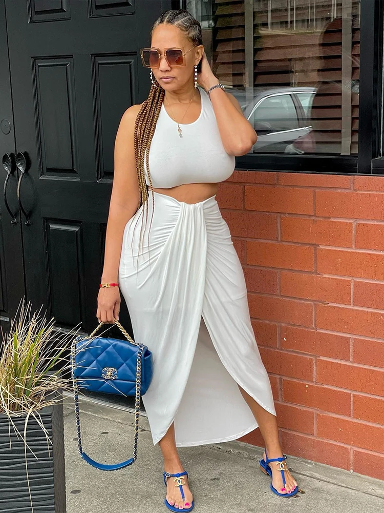Summer 2 Piece Dress Sets Sexy Bohemian Outfits for Women Solid Sleeveless Skinny Tank Tops and Draped Front High Split Skirts
Summer 2 Piece Dress Sets Sexy Bohemian Outfits for Women Solid Sleeveless Skinny Tank Tops and Draped Front High Split Skirts