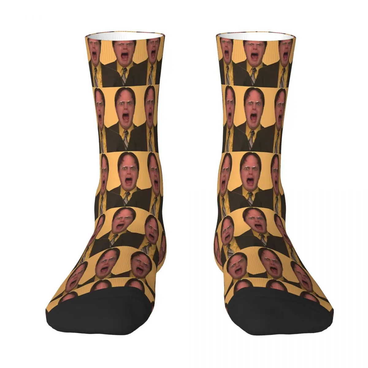 

Dwight Schrute Repeat Pattern In Mustard Yellow Shirt Yelling The Office Michael Scott NBC Comedy Sock Socks Stockings