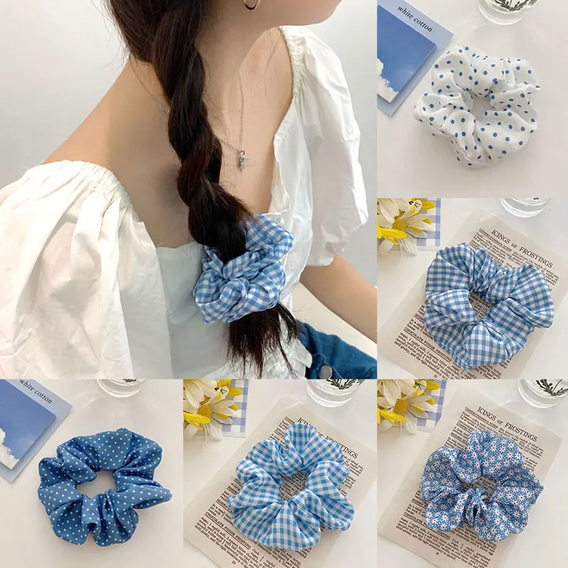 

1PC Blue Series Scrunchies Ponytail Holder Polka Dot Plaid Daisy Print Hair Rope Elastic Hair Rubber Band Stretchy Hair Ties