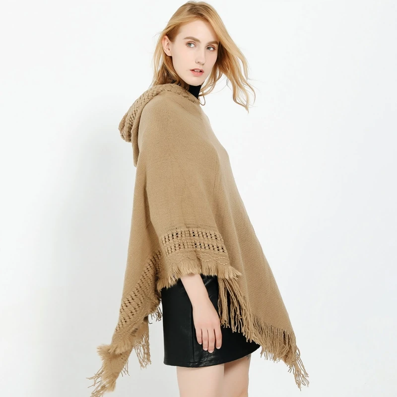 

Women Winter Warm Knitted Hooded Poncho Cape Solid Color Crochet Fringed Tassel Shawl Wrap Oversized Pullover Cloak Sweater Top