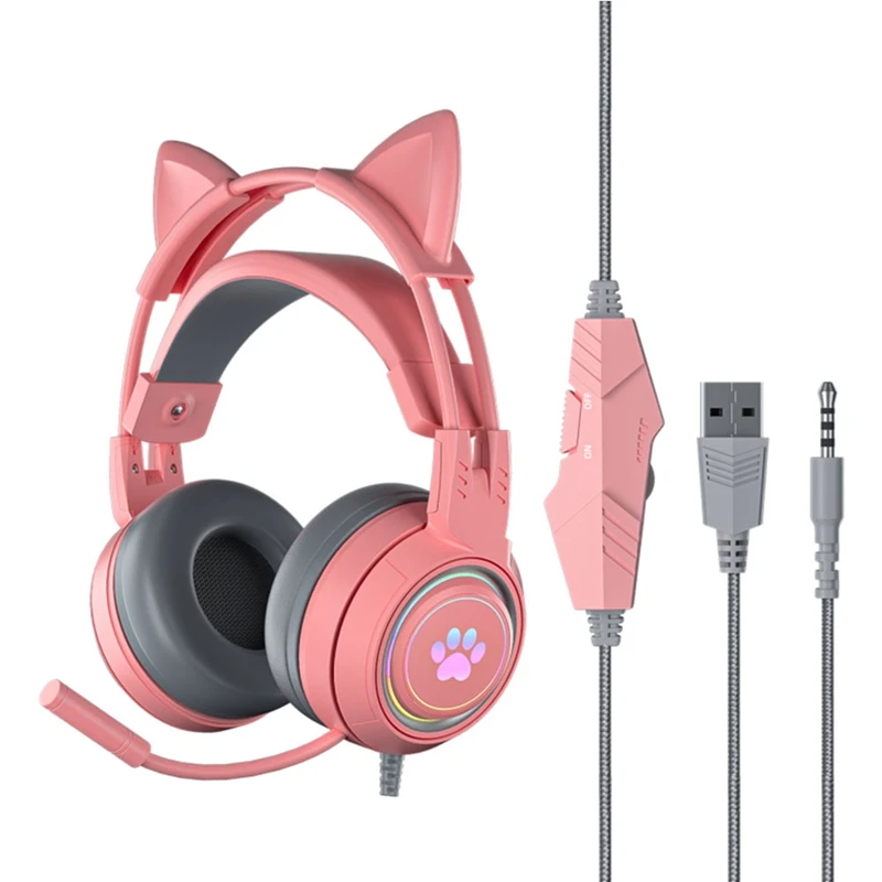 

Гарнитура «кошачьи уши» 3,5 мм, игровая гарнитура для ПК с микрофоном, съемные кошачьи уши, проводная USB-гарнитура для PS4/Xbox