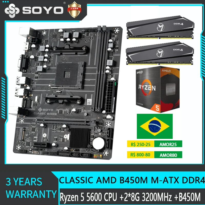 SOYO AMD B450M Motherboard Set with Ryzen 5 5600 CPU RAM 2X8G 3200MHz DDR4 USB3.2 PCIE 3.0 Gaming Placa Mae For Desktop Computer
SOYO AMD B450M Motherboard Set with Ryzen 5 5600 CPU RAM 2X8G 3200MHz DDR4 USB3.2 PCIE 3.0 Gaming Placa Mae For Desktop Computer