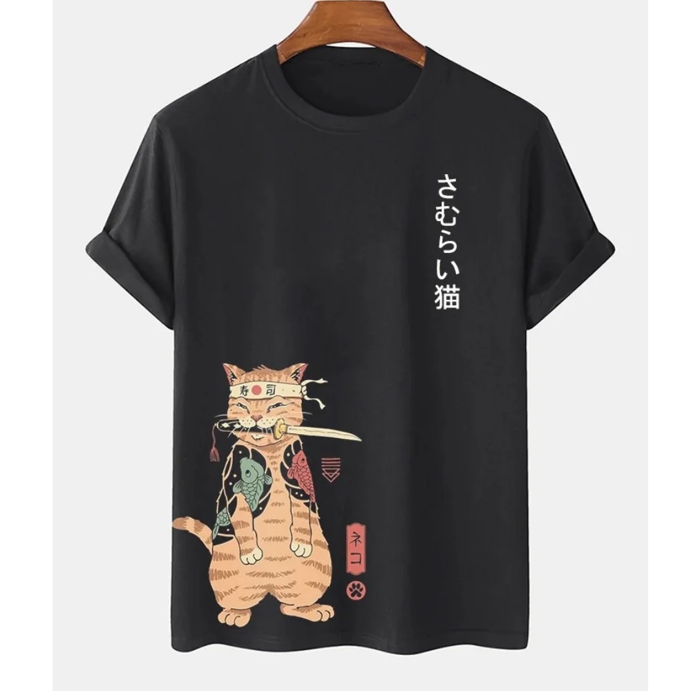 

Футболка мужская с мультяшным аниме принтом самурайского кота, уличная винтажная одежда в стиле хип-хоп Харадзюку, Повседневная Свободная рубашка с круглым вырезом и коротким рукавом
