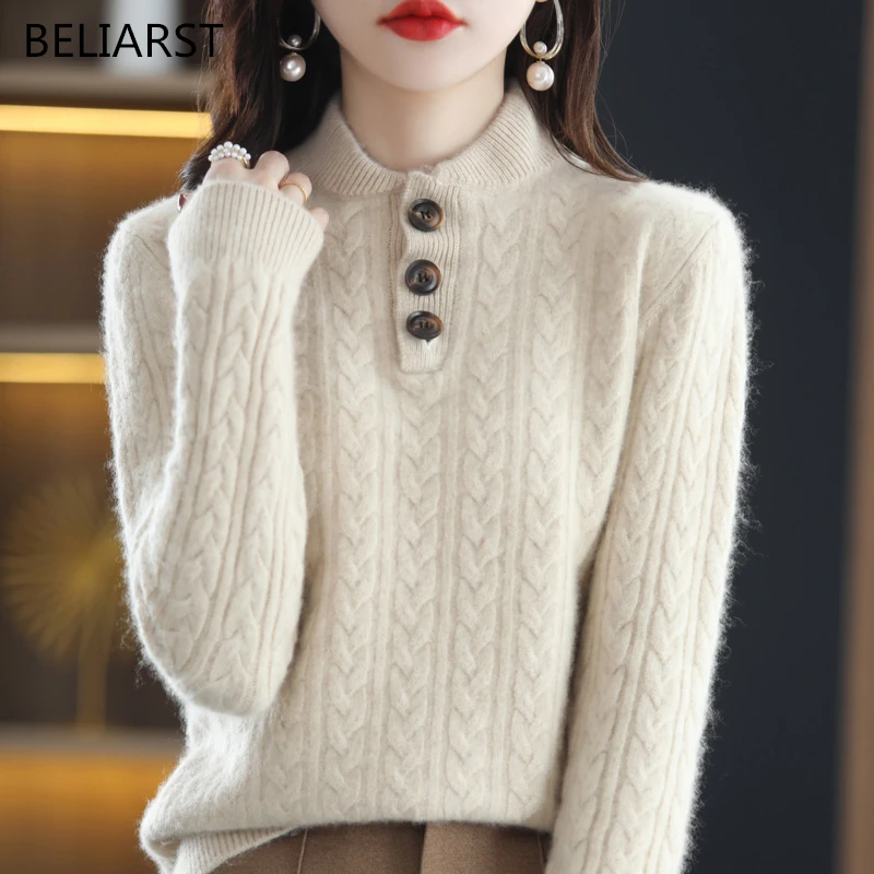 

BELIARST New Women's Half Turtleneck Pullover 100% Pure Wool Knit Tops Casual Bottoming Cashmere Sweater Spring and Autumn H