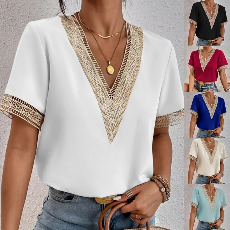 Women's V-neck Splicing Lace Blouse Elegant Commuter Loose Short Sleeve Blouse Female Summer British Style Daily Casual Tops
Women's V-neck Splicing Lace Blouse Elegant Commuter Loose Short Sleeve Blouse Female Summer British Style Daily Casual Tops