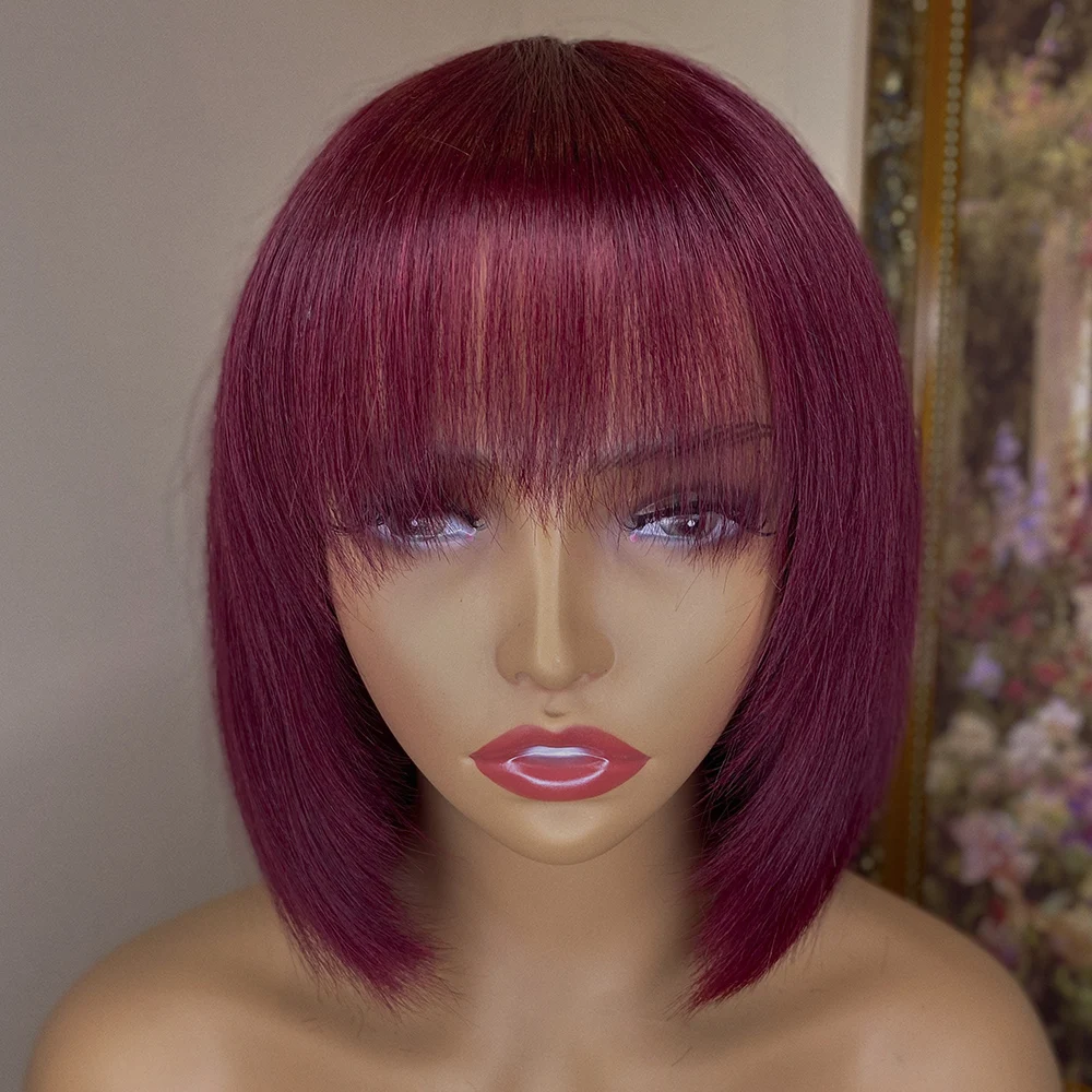 

99J Burgundy Red Human Hair Wig With Bangs Fringe Short Bob Wig For Women Brazilian Remy Hair Glueless Colored Wigs Human Hair