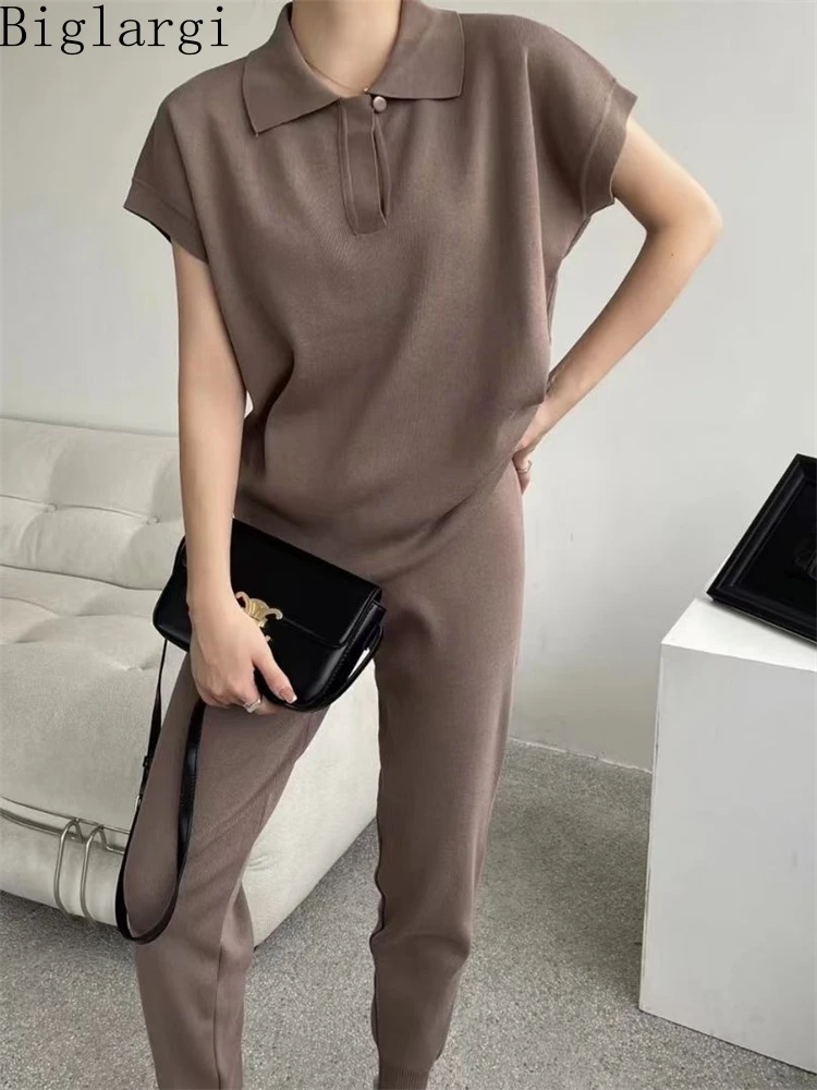 

2 Two Piece Set New Fashion Summer Women Knitted Pullover Tops And Korea Modi Ladies Casual High Waist Black Knit Pants Sets