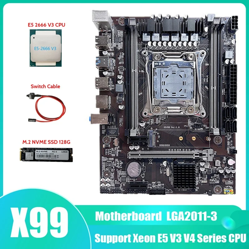 X99 Motherboard LGA2011-3 Computer Motherboard Support DDR4 ECC RAM With E5 2666 V3 CPU+M.2 NVME SSD 128G+Switch Cable
X99 Motherboard LGA2011-3 Computer Motherboard Support DDR4 ECC RAM With E5 2666 V3 CPU+M.2 NVME SSD 128G+Switch Cable