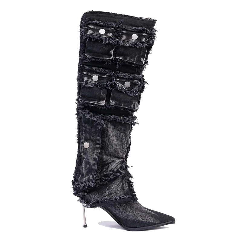 Waste Soil Retro Style Pocket Decoration Knee High Boots Women High Heeled Pointed Rivet Zipper Black Long Boots Sexy Lady Shoes 
Waste Soil Retro Style Pocket Decoration Knee High Boots Women High Heeled Pointed Rivet Zipper Black Long Boots Sexy Lady Shoes