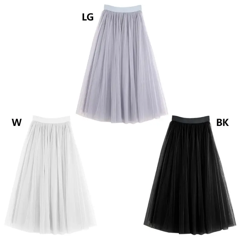 

Womens Adult Ice Silk Lining Three Layer Tulle Skirt Solid Color Pleated Princess Maxi A-Line Overlay Flare Bouffant Puffy Dress