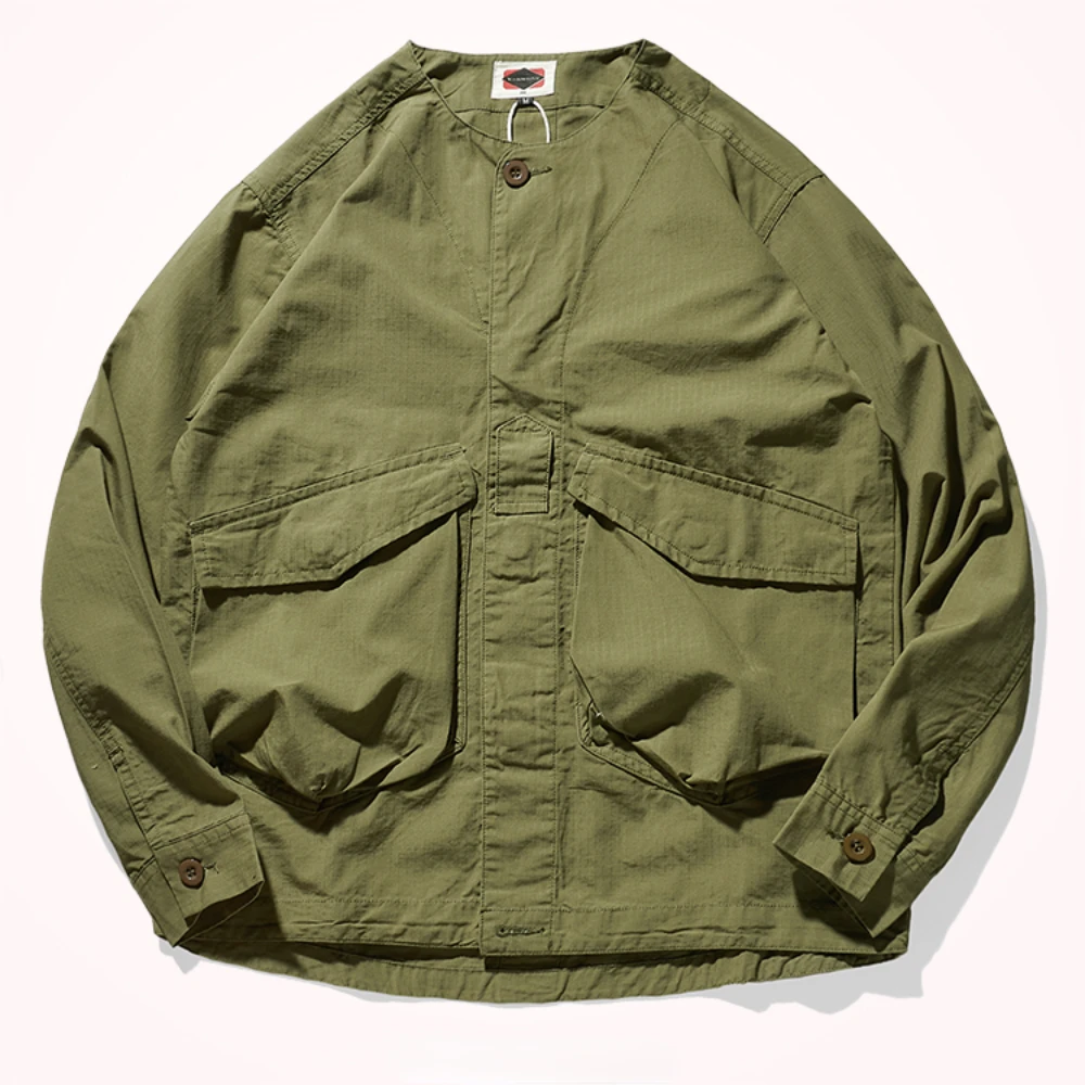 Collar-free men's fashion youth Japanese retro frock shirt jacket made of old washed pocket frock jacket
Collar-free men's fashion youth Japanese retro frock shirt jacket made of old washed pocket frock jacket