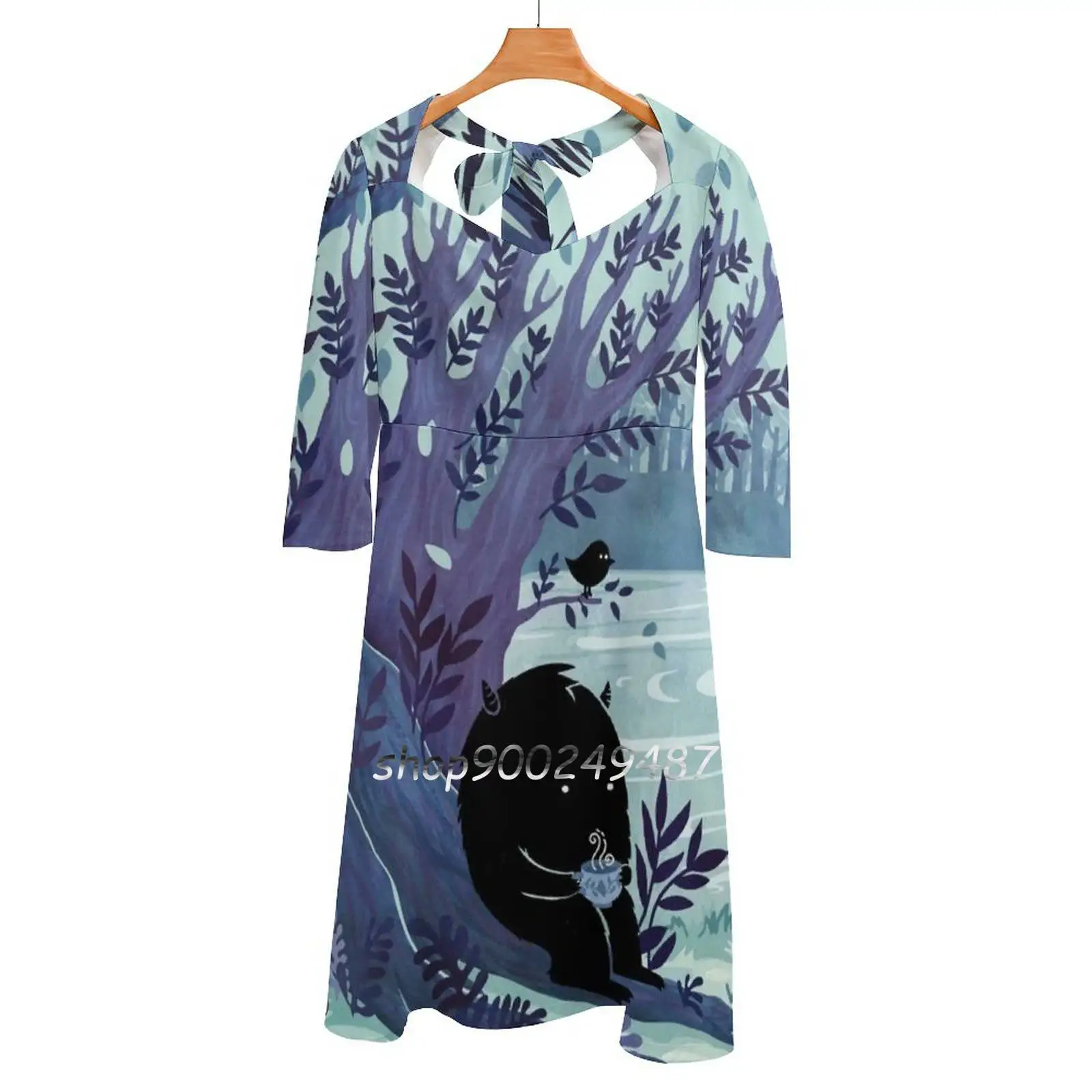 

Женское платье с квадратным вырезом, милое элегантное корейское платье с изображением чаепития, монстра, дерева, леса
