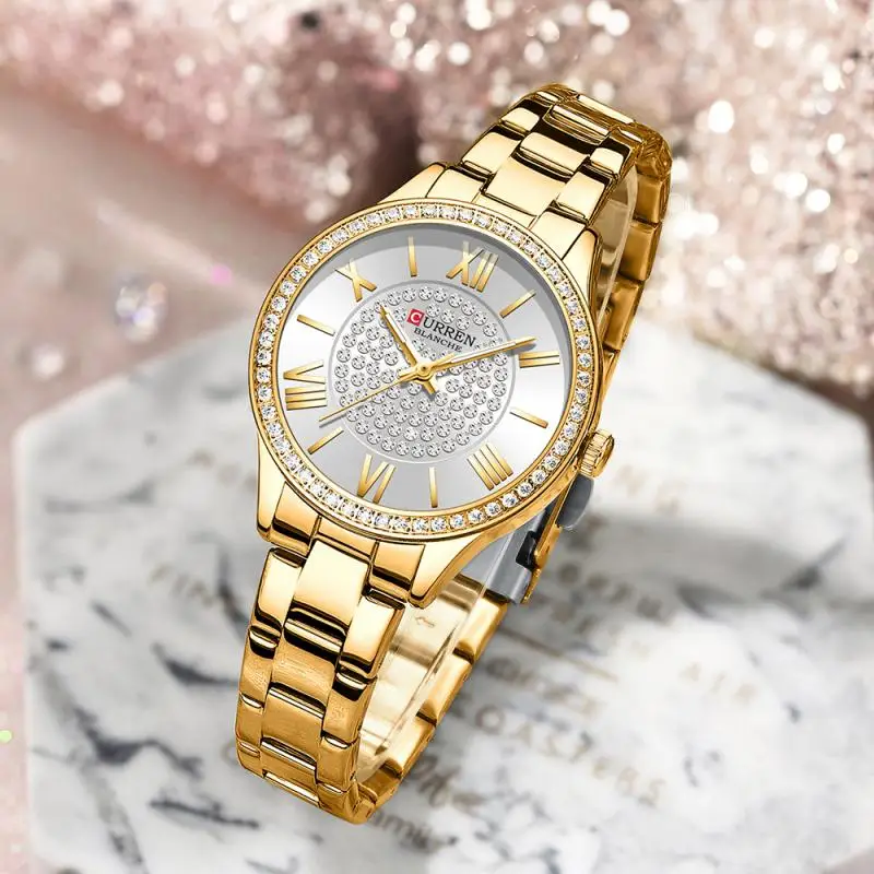 Часы Curren женские с золотистым циферблатом брендовые модные наручные браслетом