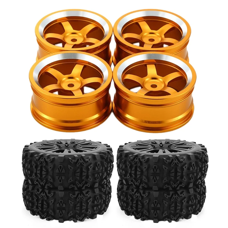 

2 Set RC Car Part: 1 Set 17Mm Hub Wheel Rim Tires Tyre Black & 1 Set Aluminum 52Mm Wheel Rims Yellow