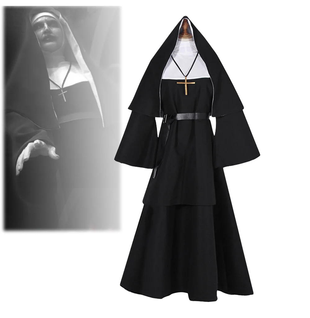 

The Nun Cosplay Black Long Dress Scraf Costume for Women The Conjuring Cosplay Adult Halloween Horror Ghost Fancy Dress