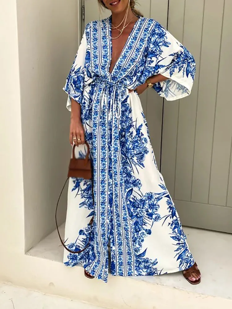 Chic Printed Boho Ladies Dress Sexy Deep V 3/4 Sleeve Long Beach Dress Fashion Elegant Lace Up Slim Waist Big Swing Party Dress
Chic Printed Boho Ladies Dress Sexy Deep V 3/4 Sleeve Long Beach Dress Fashion Elegant Lace Up Slim Waist Big Swing Party Dress
