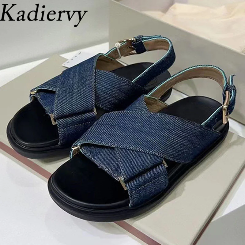 Casual Flat Sandals Woman Denim Cross Strap Holiday Beach Shoes Female Peep Toe Thick Sole Roman Sandals Women Summer Sandalias
Casual Flat Sandals Woman Denim Cross Strap Holiday Beach Shoes Female Peep Toe Thick Sole Roman Sandals Women Summer Sandalias
