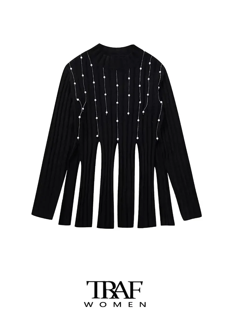 TRAF Women Fashion With Pearl Beads Fringing Knit Sweater Vintage O Neck Long Sleeve Female Pullovers Chic Tops 
TRAF Women Fashion With Pearl Beads Fringing Knit Sweater Vintage O Neck Long Sleeve Female Pullovers Chic Tops
