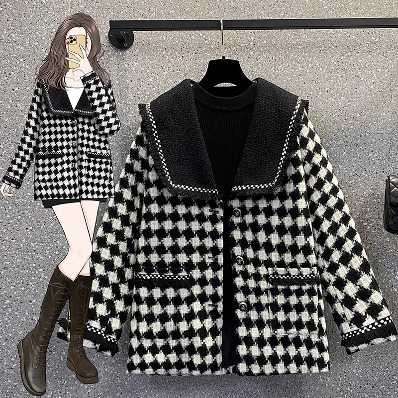 

Women's 2023 Spring New Slimming Thousand Birds Checked Wool Coat female Fat Sister Foreign air age Reduction Small Incense Wind