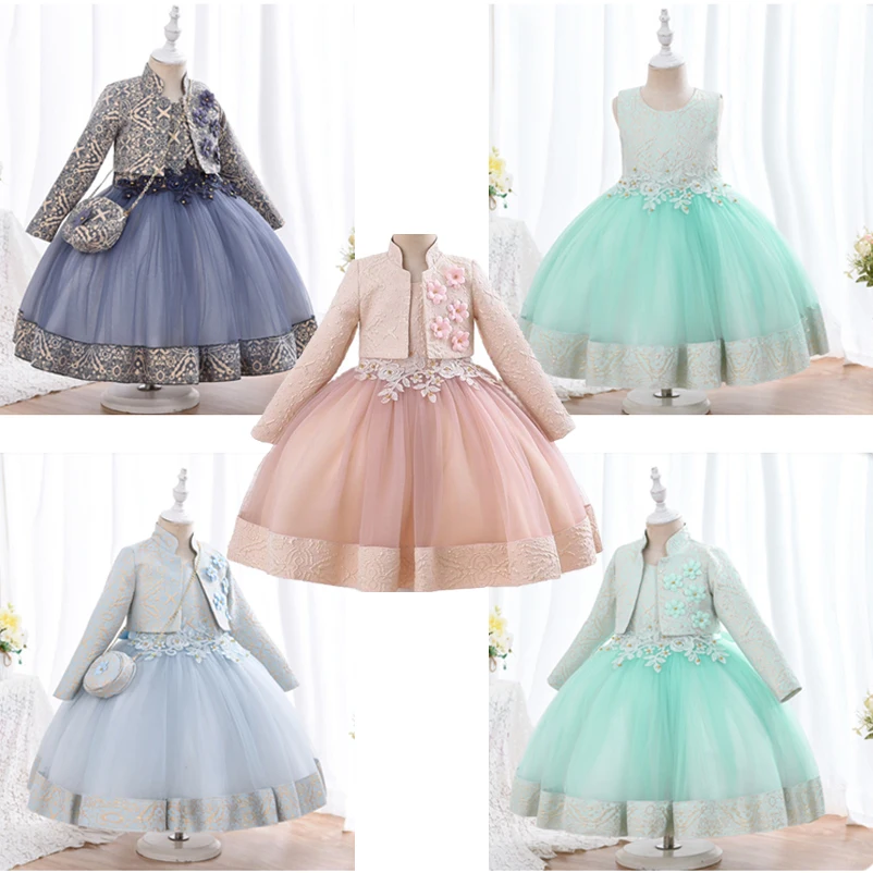 

Children Puffy Dress for Girls Jacquard Pattern Tulle Patchwork Kids Clothing 3D Appliques Casual Birthday Dresses 3pcs/set