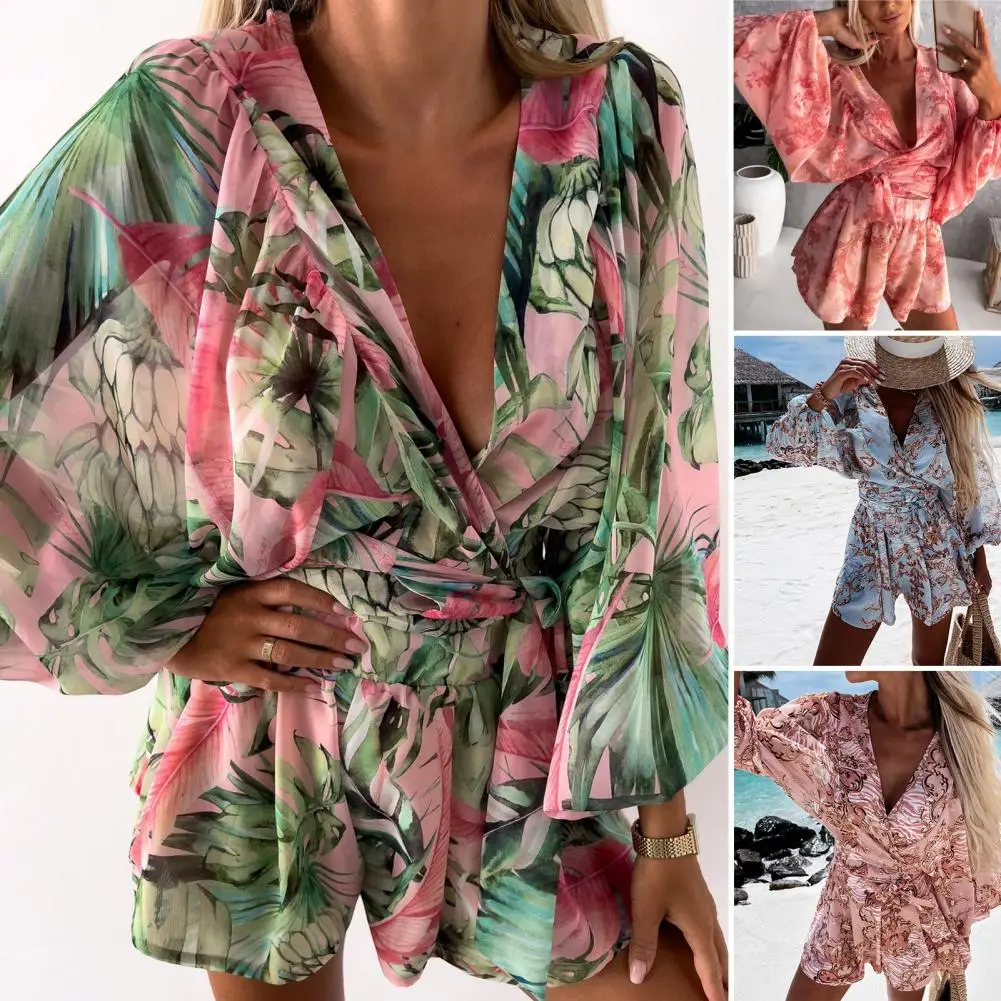 Deep V-Neck Belt Elastic Waistband Wide Leg Women Romper Flower Print Lantern Long Sleeve Casual Playsuit Jumpsuit Streetwear
Deep V-Neck Belt Elastic Waistband Wide Leg Women Romper Flower Print Lantern Long Sleeve Casual Playsuit Jumpsuit Streetwear