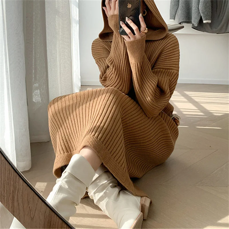 Korean Fashion Autumn/Winter Women's Solid Color Hooded Loose Fashion Knitted Bottom Dress for Women
Korean Fashion Autumn/Winter Women's Solid Color Hooded Loose Fashion Knitted Bottom Dress for Women