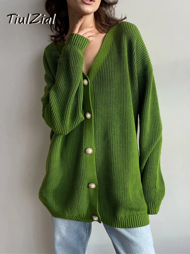 

Осенне-зимний Свободный кардиган TiulZial, Женский Повседневный длинный свитер на пуговицах, наряды, зеленый вязаный джемпер оверсайз с V-образ...