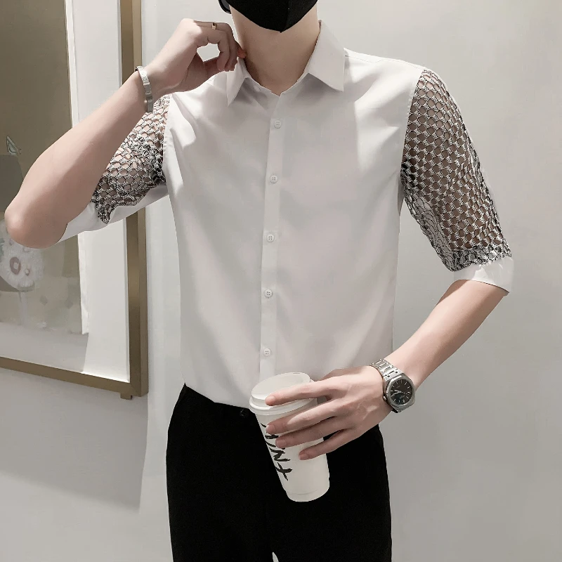 Camisas De Hombre Plus Size 4XL Fashion Hollow Lace Spliced Half Sleeve Casual Shirts Men Clothing 2022 Slim Fit Singer Costumes
Camisas De Hombre Plus Size 4XL Fashion Hollow Lace Spliced Half Sleeve Casual Shirts Men Clothing 2022 Slim Fit Singer Costumes