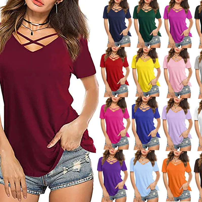 2023 Fashion Sexy Cross Connection V Neck Women's T Shirts Casual Loose Solid Summer Ladies Short Sleeve T Shitd Tops Female Tee
2023 Fashion Sexy Cross Connection V Neck Women's T Shirts Casual Loose Solid Summer Ladies Short Sleeve T Shitd Tops Female Tee