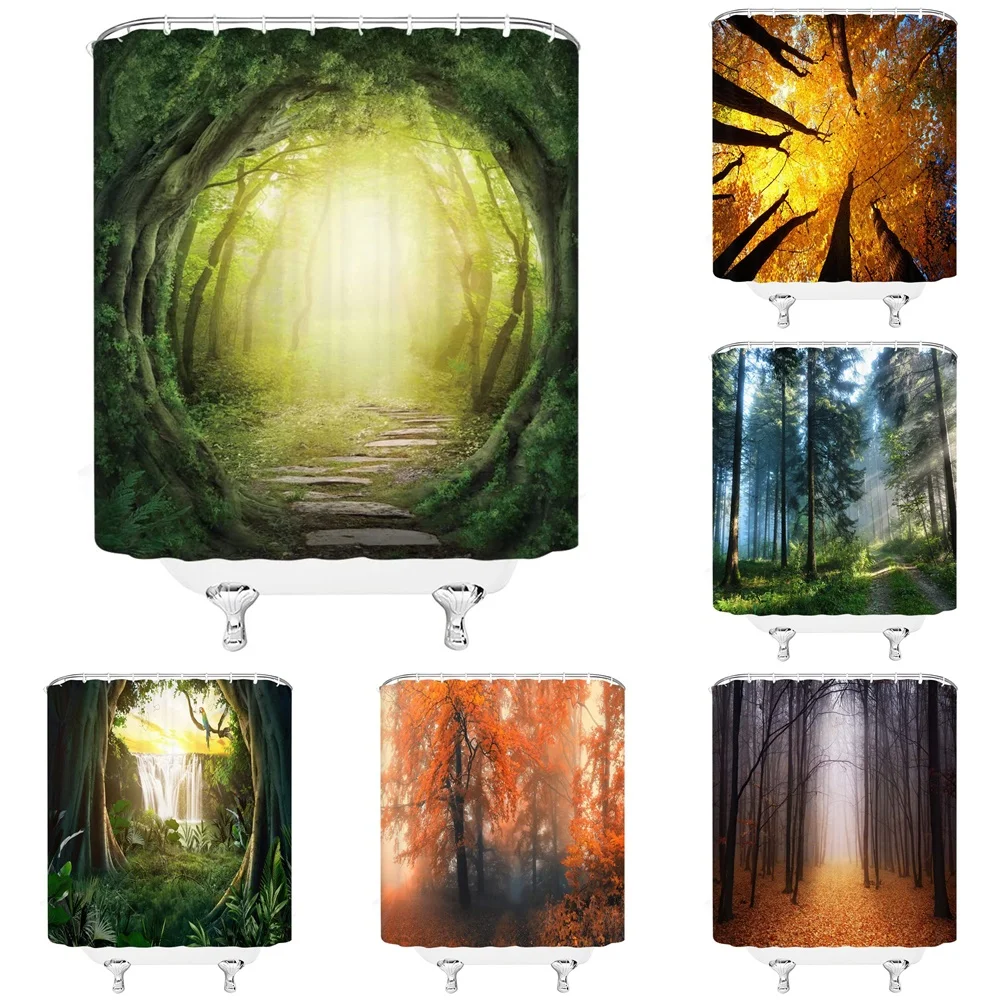 

Fantasy Forest Shower Curtain Bathroom Decor Dream Green Trees Mystic Nature Scenery Hazy Maple Grove Fabric Bath Curtains Home