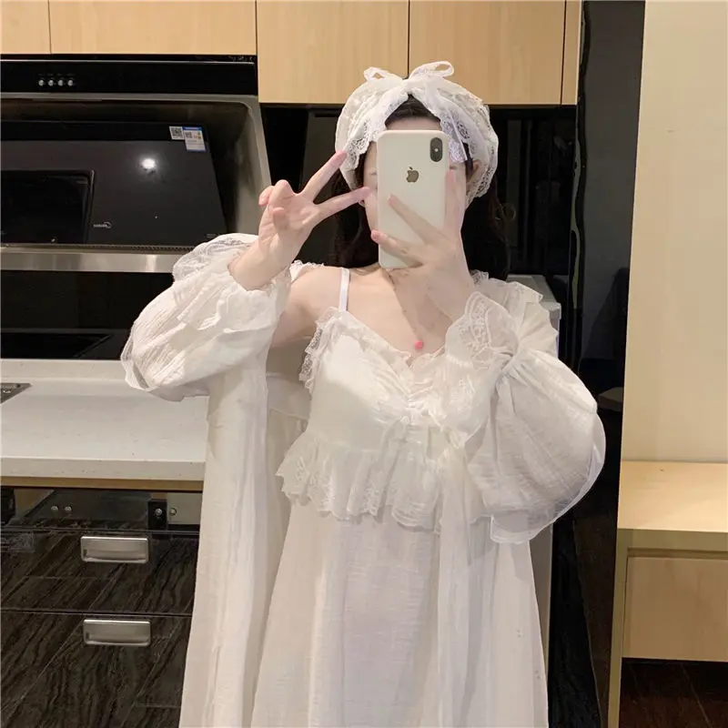HOUZHOU Robe Sets Sexy Sleepwear Cotton Nightgowns Ruffles Lace Nightdress Sleepshirts Home Clothes Pour Femme Cute 2 Pieces
HOUZHOU Robe Sets Sexy Sleepwear Cotton Nightgowns Ruffles Lace Nightdress Sleepshirts Home Clothes Pour Femme Cute 2 Pieces