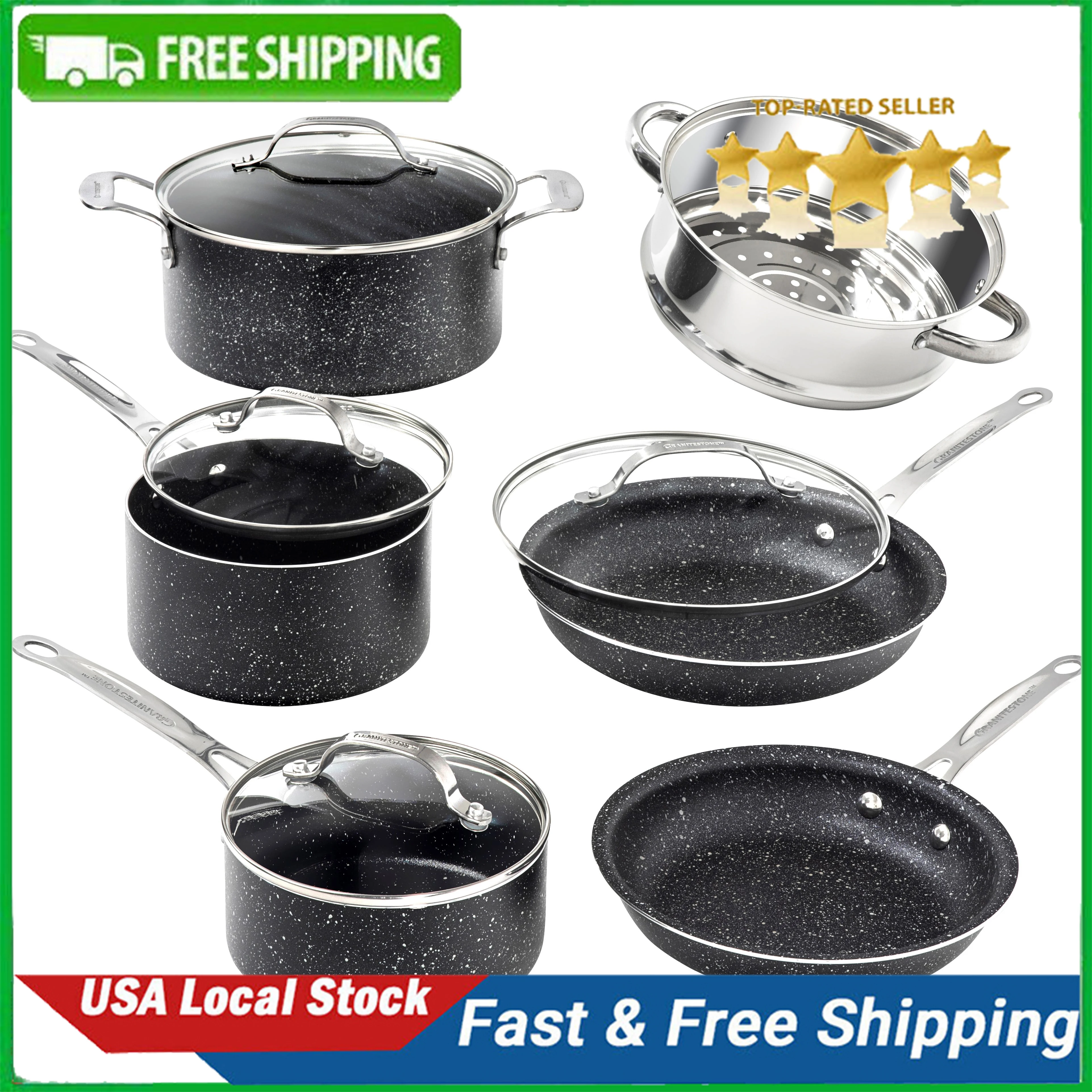 Pots and Pans Set, 10 Piece Nonstick Cookware Set, Includes Steamer, Scratch Resistant, Granite Coated, Dishwasher and Oven-Safe
Pots and Pans Set, 10 Piece Nonstick Cookware Set, Includes Steamer, Scratch Resistant, Granite Coated, Dishwasher and Oven-Safe