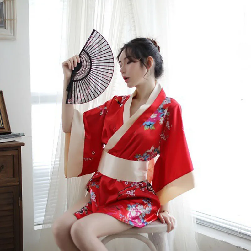 

Кимоно для косплея женское традиционное, пикантное нижнее белье, Соблазнительные костюмы, пижамный комплект с мягким шелковым поясом
