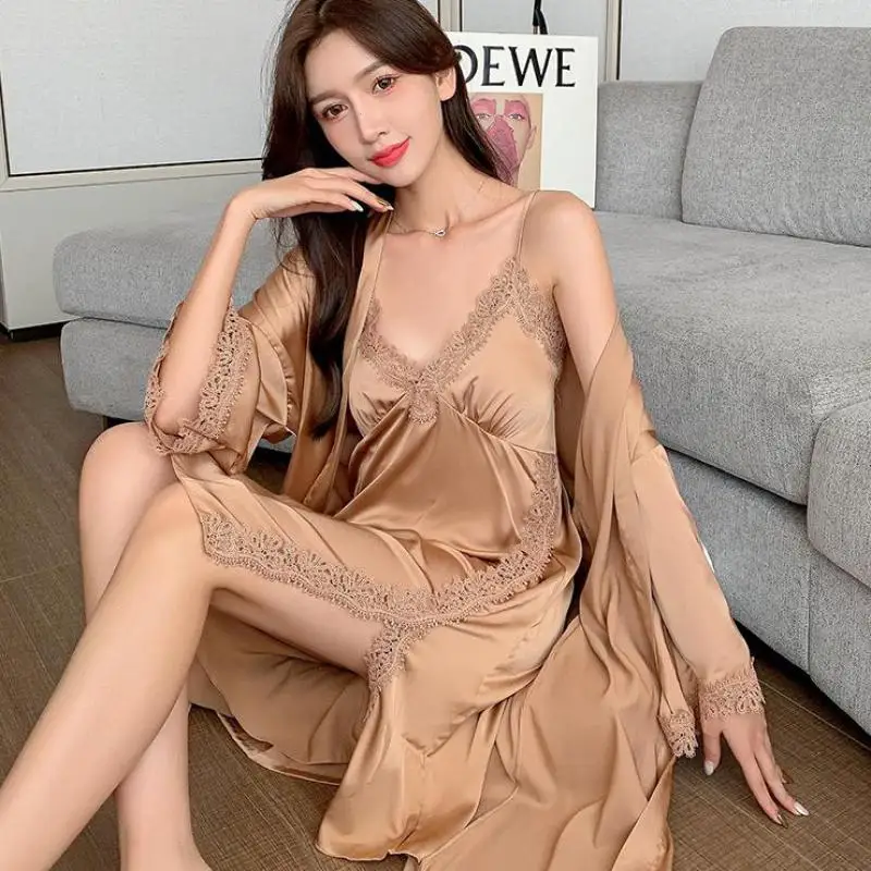 Lace Trim Twinset Kimono Robe Gown Set Summer Women Nightwear Rayon 2 Pieces Bathrobe&Strap Nightgown Suit V-Neck Loungewear
Lace Trim Twinset Kimono Robe Gown Set Summer Women Nightwear Rayon 2 Pieces Bathrobe&Strap Nightgown Suit V-Neck Loungewear